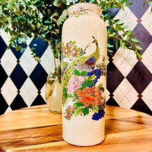 Vintage Japanese Crackle-Glaze Peacock Vase – 12"